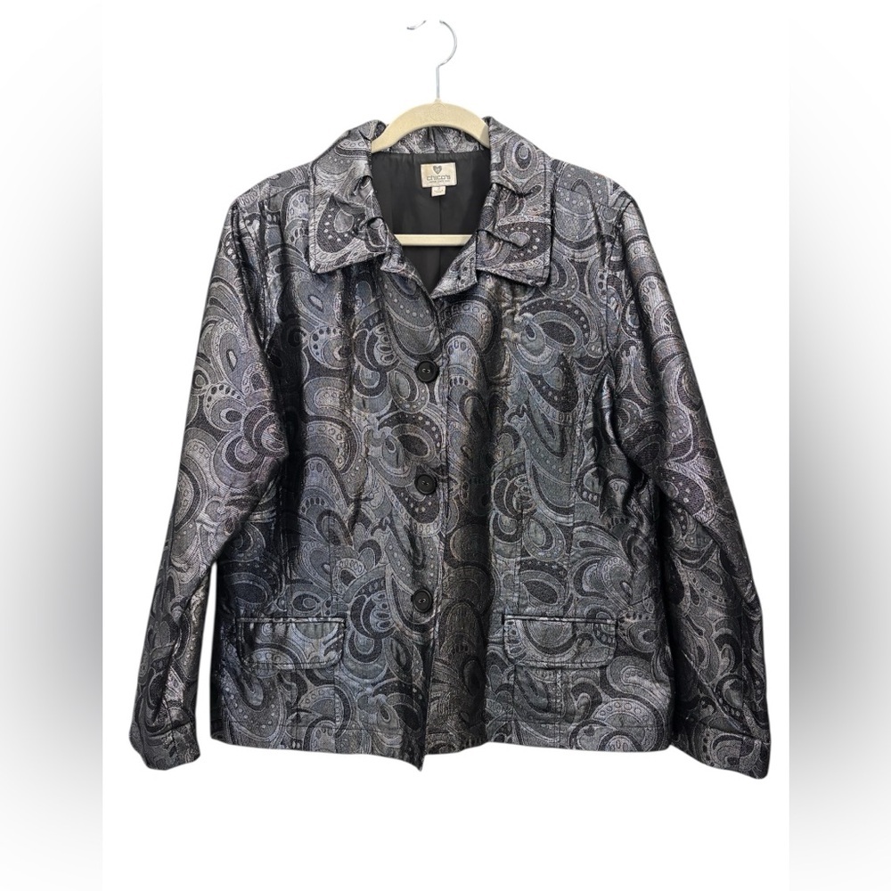 Chico's 25 Silver Paisley Baylee Jacket Blazer Size XL Metallic Layer Chic